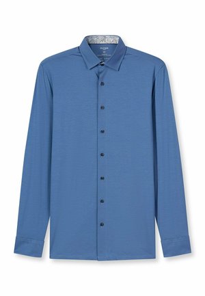Langärmeliges Hemd aus hellblauem Stoff mit dezenter Textur, ausgestattet mit einer Knopfleiste vorne und einem gemusterten Innenkragen. Schwarze Knöpfe.