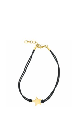 Schwarzes Armband mit doppelter Kordel, einer goldenen Sternanhänger in der Mitte und einem goldenen Verschluss mit verstellbarer Kette.