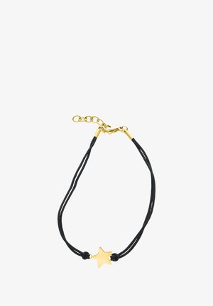 Schwarzes Armband mit doppelter Kordel, einer goldenen Sternanhänger in der Mitte und einem goldenen Verschluss mit verstellbarer Kette.
