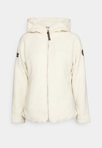 Giacca con cappuccio in pile bianca, con zip frontale completa, maniche lunghe e piccole toppe su entrambe le braccia superiori.
