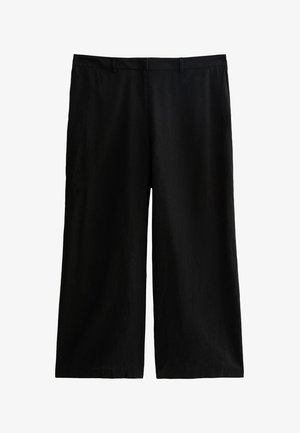 Czarne spodnie o szerokich nogawkach wykonane z lekkiego materiału, z płaskim pasem w talii, szlufkami na pasek i bez widocznych wzorów czy detali metalowych.