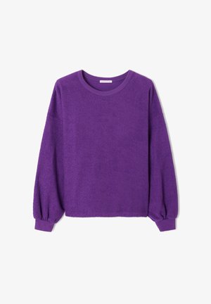 Purple long-sleeve sweatshirt made of soft, textured fabric. Features a rounded neckline and elastic cuffs with a relaxed fit.