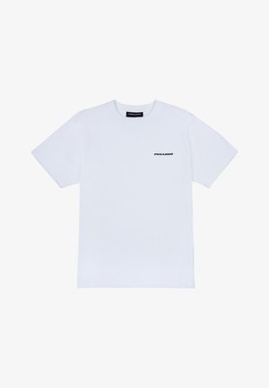 Fehér pamut póló rövid ujjakkal, kerek dekoltázzsal és a mellkasi részen elhelyezett kis fekete "PEGADOR" logóval.