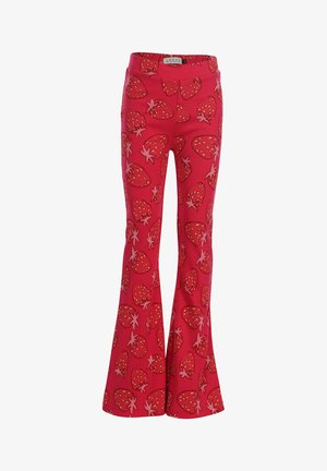 Rode uitlopende broek met een overal aardbeienprint en een elastische tailleband van het merk Looxs.