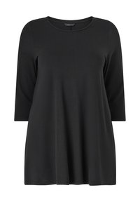 Zwarte langesleeve top van zachte stof, met een ronde halslijn en een losse, vloeiende silhouet. Minimalistisch ontwerp zonder patronen.