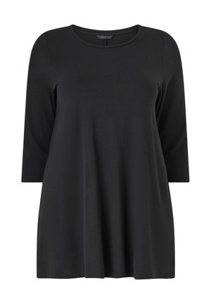 Schwarzes Langarmoberteil aus weichem Stoff mit einem runden Halsausschnitt und einer lockeren, fließenden Silhouette. Minimalistisches Design ohne Muster.