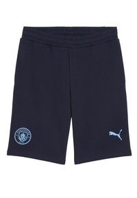 Jūriniai šortai, pagaminti iš minkštos medžiagos, su elastine juosta, šviesiai mėlynu „Manchester City“ logotipu ir šviesiai mėlynu „Puma“ logotipu šone.