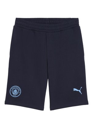 Pantalones cortos navy fabricados con una tela suave, que cuentan con una cinturilla elástica, un logo de Manchester City en azul claro y un logo de Puma en azul claro en el costado.