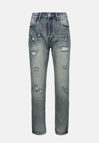 Hellblaue Denim-Jeans mit geradem Bein, die abgenutzte Stellen und ausgefranste Patches aufweisen. Klassisches Fünf-Taschen-Design mit Zip-Fly.