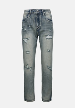 Hellblaue Denim-Jeans mit geradem Bein, die abgenutzte Stellen und ausgefranste Patches aufweisen. Klassisches Fünf-Taschen-Design mit Zip-Fly.
