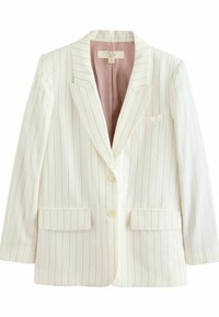 Bílý lněný blazer s vertikálními námořnickými pruhy, jednoradový design, klopové límce, dvě přední kapsy a růžová podšívka.