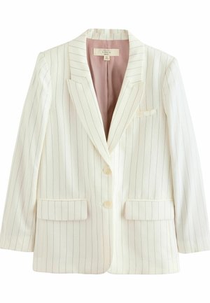 Weißer Leinenblazer mit vertikalen marineblauen Streifen, einreihiges Design, Reverskragen, zwei frontale Taschen und fuchsia Futter.