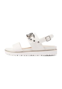 Sandal bianco con una fascia ampia, fibbia alla caviglia e accentuazione in catena metallica. La suola spessa presenta un motivo testurizzato per una migliore presa.