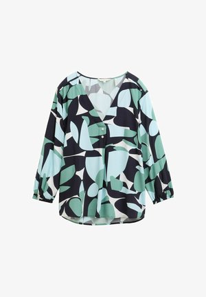 Hosszú ujjú blúz sötét háttérrel, világoskék, mentazöld és fehér absztrakt formákkal; V-kivágással és gombos részlettel rendelkezik.