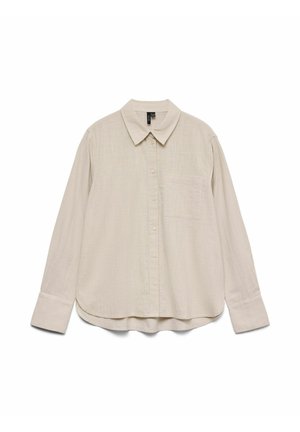 Bež dolga srajca z gumbi, z ostrim ovratnikom, prsnim žepom in širokimi manšetami, iz teksturirane lahke tkanine.