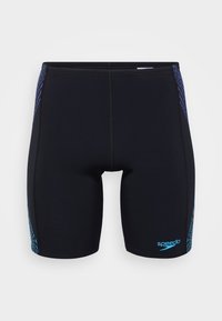  svarte svømmebukser laget av elastisk materiale, med blå diagonale striper på sidene og en liten "speedo"-logo nederst foran.