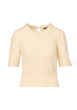 Cremefarbener Pullover mit kurzen Ärmeln, Zopfmuster und perlenartiger Verzierung am Halsausschnitt, mit kleinem Rückenausschnitt.