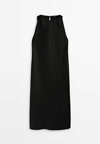 Schwarzes ärmelloses Kleid mit hohem Ausschnitt, featuring ein Schlüsselaugen-Rücken, gerader Schnitt und seitliche Schlitze für Beweglichkeit. Glatte Textur.