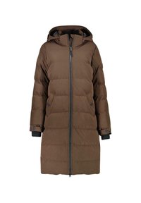 Brun puffjacka med huva, med frontdragkedja, sidofickor och ett kviltat mönster. Mjukt, isolerat material; medellång modell.