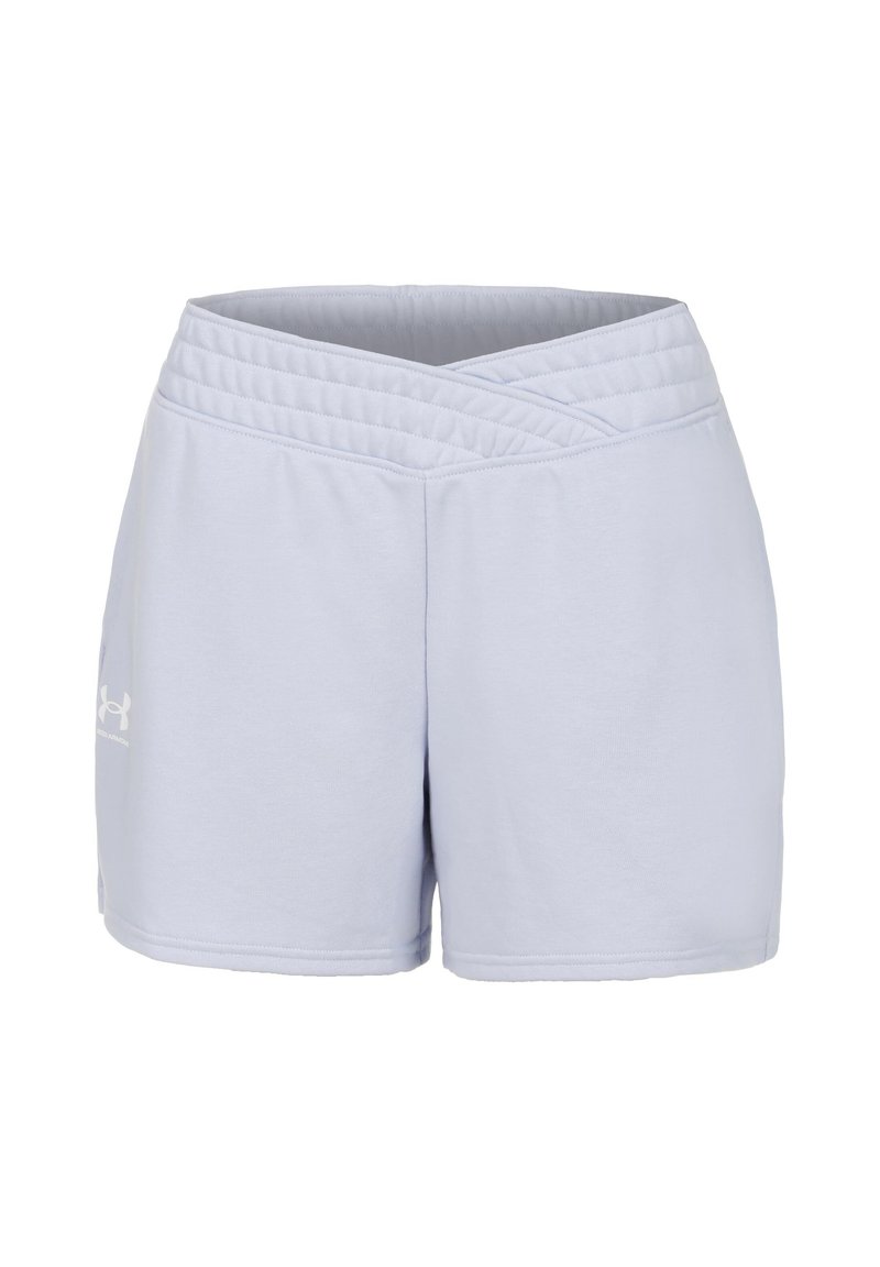 Ljusblåa träningsshorts i mjukt material. Har en bred, elastisk midja och en enkel design med en logotyp på nedre vänstra sidan.