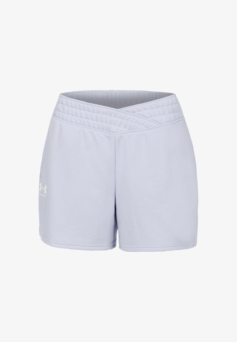 Lys blå treningsshorts laget av mykt materiale. Har en bred, elastisk midjebånd og et enkelt design med en logo på nedre venstre side.