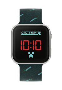 Digital smartwatch with black rectangular face, red LED display showing time "10:10," silver frame, and dark band featuring pixelated sword patterns.