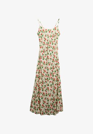 Bloemen maxi-jurk met dunne banden, met een crèmekleurige achtergrond versierd met rode aardbeien en groene bladeren. Zachte stof, vloeiende ontwerp.