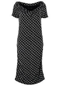 Svart klänning med korta ärmar, prydd med ett vitt rutmönster, med draperad halsringning och ett mjukt, flödande tyg. Halvlång design.