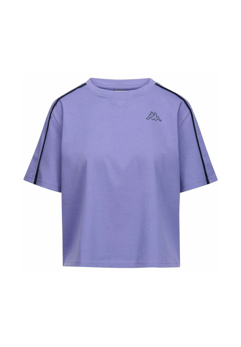 T-shirt di cotone viola con maniche corte, colletto a costine e strisce laterali nere a contrasto. Presenta un piccolo logo sul petto.