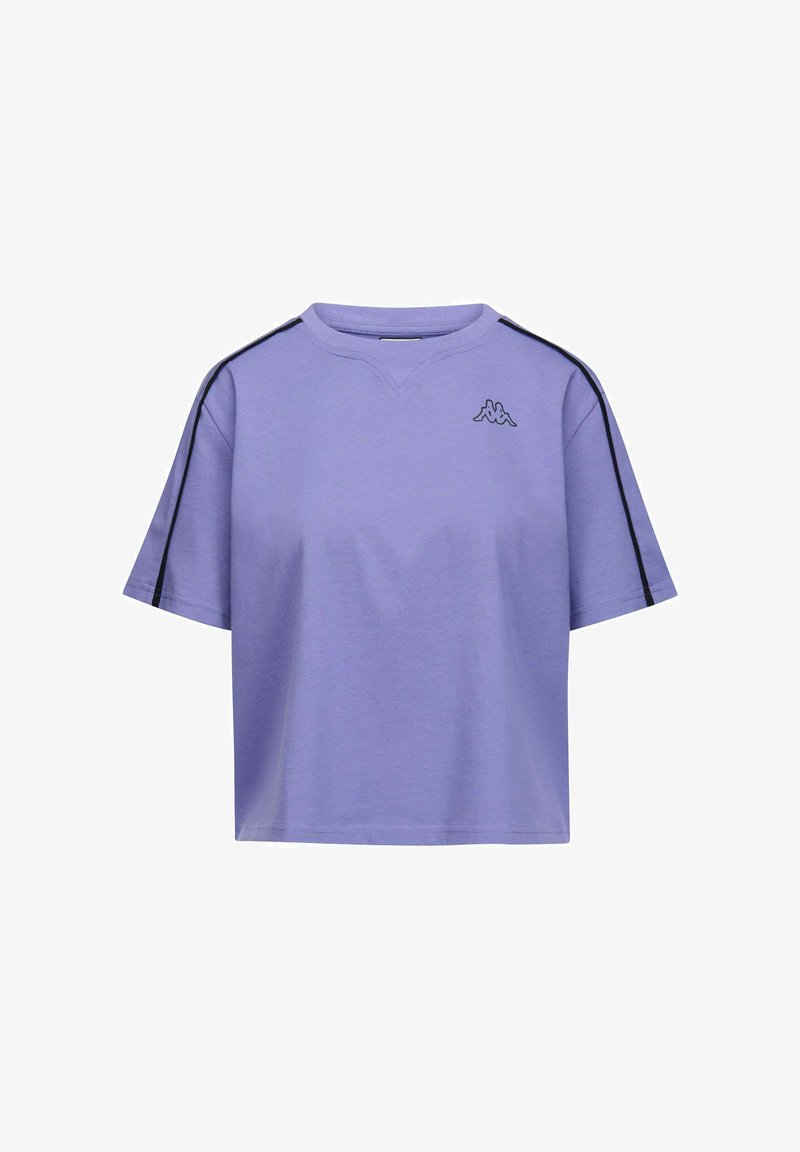 T-shirt di cotone viola con maniche corte, colletto a costine e strisce laterali nere a contrasto. Presenta un piccolo logo sul petto.