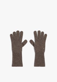 Guantes marrones de punto hechos de lana texturizada, con puños acanalados y diseño de cinco dedos, acentuados con un pequeño detalle de botón.