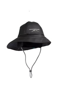 Cappello a secchiello impermeabile nero con un ampio bordo, con un logo bianco che recita "SWEDEMOUNT." Include una fascetta regolabile per una vestibilità sicura.