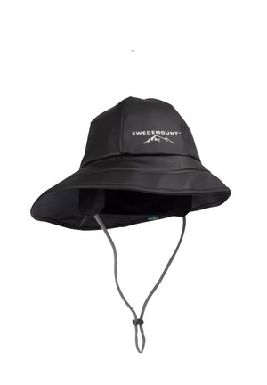 Black waterproof bucket hat with a wide brim, featuring a white logo reading "SWEDEMOUNT." Includes an adjustable chin strap for secure fit.