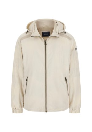 Lightweight beige jacket with a hood, front zipper, elastic cuffs, and two side pockets. Features smooth, slightly crinkled texture.