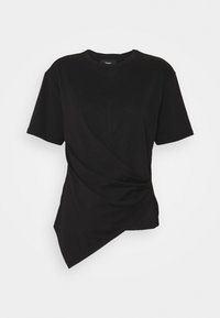 Haut noir à manches courtes avec un design asymétrique ; il présente un tissu doux et lisse ainsi qu'un détail de face torsadé, créant un effet drapé.