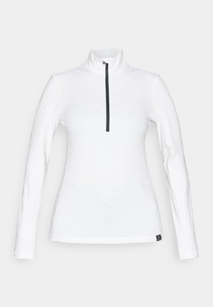 Cămașă albă cu mâneci lungi, cu un model texturat subtil, guler înalt și închidere cu fermoar negru în față. Țesătură netedă cu design ajustat.