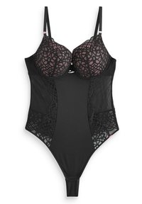 Body nero con coppe in pizzo e pannelli laterali in rete. Presenta spalline regolabili e design a string thong sul retro. Tessuto complessivamente liscio.