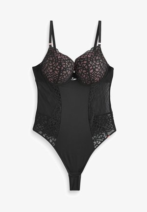 Musta bodysuit, jossa on pitsikupit ja verkkomaiset sivupaneelit. Varustettu säädettävillä olkaimilla ja stringimäisellä takasuunnittelulla. Yhteensopiva sileä pinta.