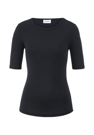 Schwarzes tailliertes T-Shirt mit kurzen Ärmeln aus glattem Stoff, mit rundem Ausschnitt und weicher Textur, ohne zusätzliche Muster oder Akzente.