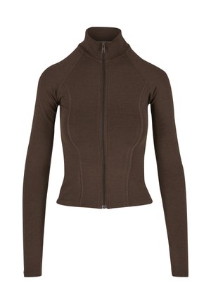 Hnědá termo bunda na zip s dlouhými rukávy, přiléhavým střihem, hladkou strukturou a kontrastním prošitím podél švů.
