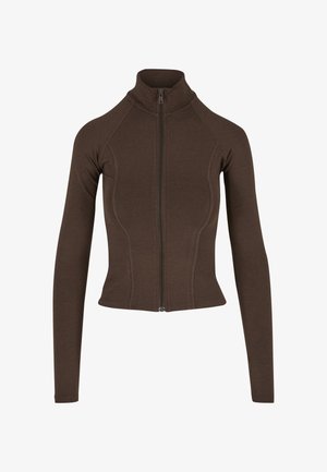 Braune Thermojacke mit Reißverschluss, langen Ärmeln, figurbetontem Design, glatter Textur und kontrastierenden Nähten entlang der Nähte.