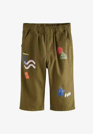 Khaki shorts met een elastische tailleband, voorzien van kleurrijke gedrukte ontwerpen: een lachende ster, geometrische vormen en speelse teksten.