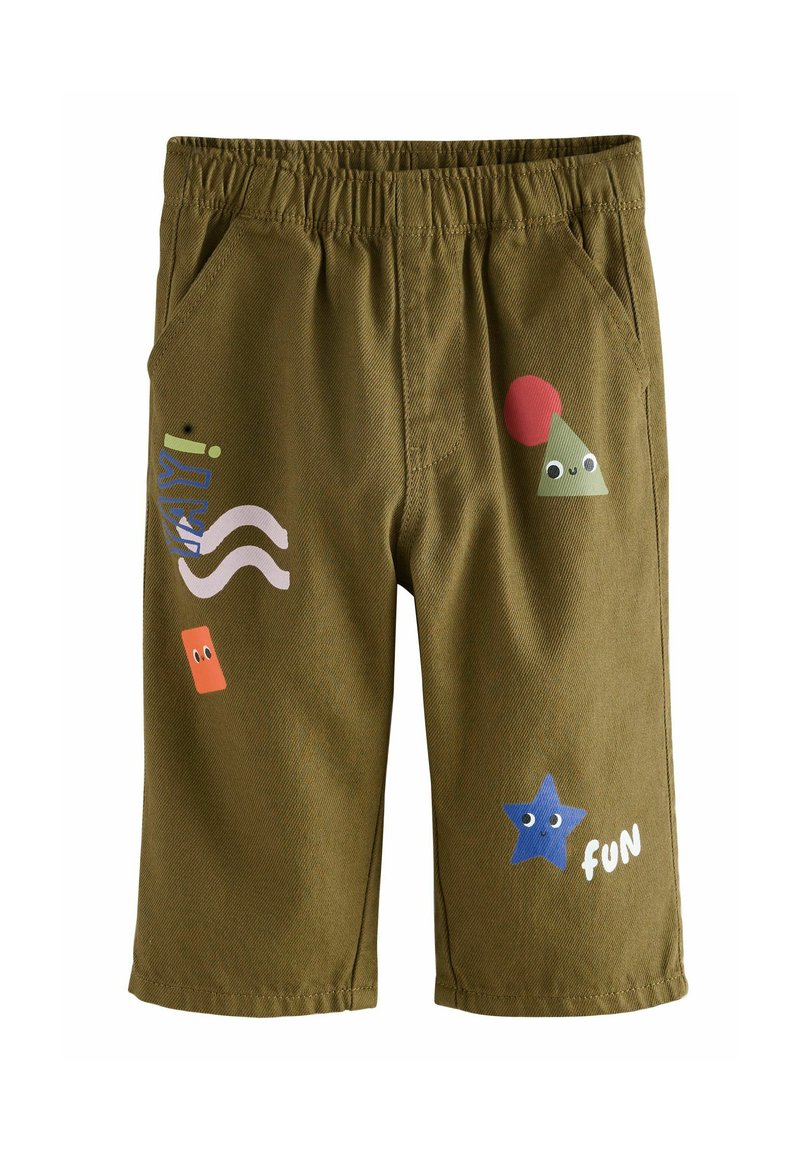 Shorts kaki avec une taille élastique, ornés de motifs colorés : une étoile souriante, des formes géométriques et un texte amusant.