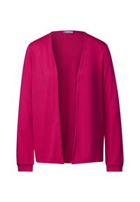 Fuchsiová cardigan, otevřený přední design, dlouhé rukávy, měkká směs bavlny, hladká textura a žebrované manžety.