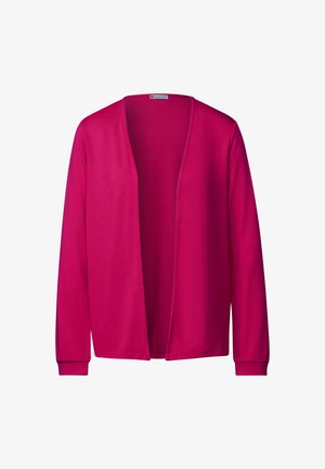 Fuchsia-Cardigan, offenes Frontdesign, lange Ärmel, weicher Baumwollmix, glatte Textur und gerippte Bündchen.