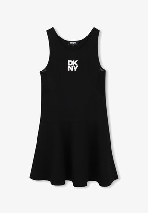 Czarna sukienka bez rękawów z rozkloszowanym dołem. Wykonana z gładkiej tkaniny, z białym logo DKNY z przodu. Okrągły dekolt, minimalistyczny design.