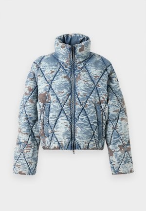 Quilted puffer jacket with high collar, blue and gray abstract pattern, front zipper, and side pockets.