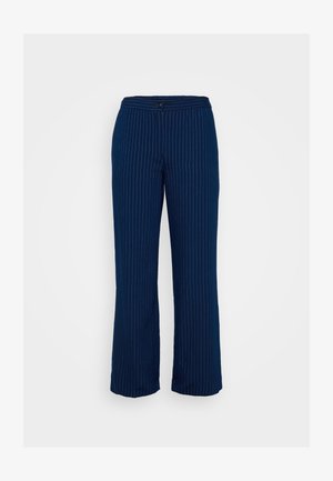 Tums zila pinstripe bikses ar brīvu piegriezumu, ar līdzeno priekšpusi, sānu kabatām un pogu aizdari.