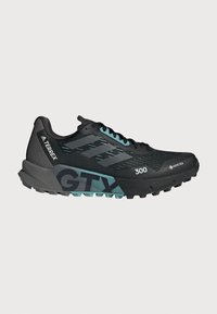 Chaussure de trail running Adidas Terrex GTX noire avec des accents turquoise, une semelle texturée et des logos, dont "300" et "GORE-TEX", sur le côté.
