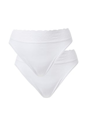 Two white women's underwear with lace waistbands displayed on a plain white background.